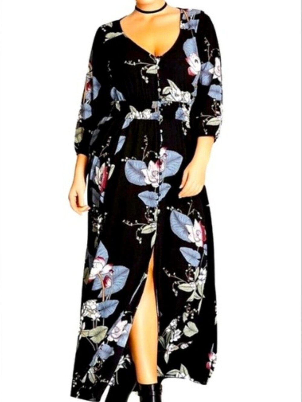 City Chic Multicolor Dark Floral Long Sleeve Smocked Waist Maxi Dress